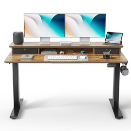 TENKIA 55x24 Inch Electric Standing Desk with Double Drawers, Adjustable Height Stand Up Desk, Sit Stand Home Office Desk with Storage Shelf, Rustic Brown Top