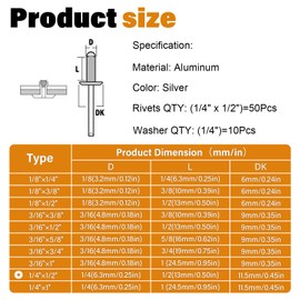 JTAREA 60pcs 1/4" x 1/2" Silver Aluminum Pop Rivets with Stainless Steel Washers 6.4 x 12.7mm Blind Rivet Assortment Kit