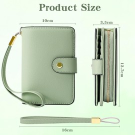 Bomiclss Women's Leather Purse RFID Blocking Bifold Ladies Credit Card Wallet with Zip Card Slots Coin Pocket and Wrist Strap (Green)