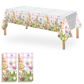 OQOQ Plaid Pastel Easter Tablecloth (2 Packs) -108x54 inches Spring Easter Table Cloth Colourful Happy Bunny Disposable Waterproof Table Cover for Party Decoration Picnic Dinning Home Decor