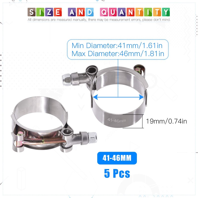 Glarks 5Pcs 41-46mm Stainless Steel T-Bolt Hose Clamps Turbo Intake