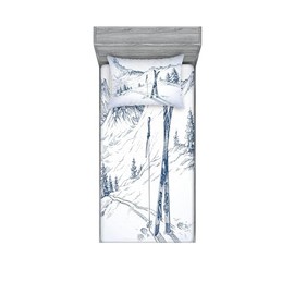 Ambesonne Winter Fitted Sheet & Pillow Sham Set, Sketchy Graphic of a Downhill Ski Elements in Snow Relax Calm View, Decorative Printed 2 Piece Bedding Decor Set, Twin, White Blue