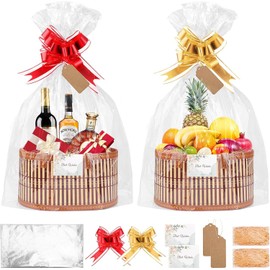 SelfTek 2 Set Empty Hamper Baskets - Brown Hamper Baskets for Gifts Empty Woven Bamboo Gift Basket Hamper Kit with Wrap Bags, Raffia and Pull Bows, Gift Hamper Basket for Easter, Birthday