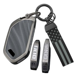 ontto 5/6/7/8/9 Buttons Smart Remote Car Key Cover with American USA Flag Keychain Fit for Kia Telluride 2023 2024,Metal and Leather Key Fob Protector Fit for Kia Sorento EV9 2024,Grey