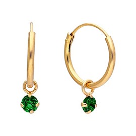 Yellow Gold Dipped Sterling Silver & Emerald CZ 3mm Crystal Charm Hoop Earrings