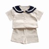 [POBIDOBY] ベビー服 子供服 セーラー服 Tシャツ＋ハーフパンツ 2点セット リネン 半袖前開き かわいい トップス