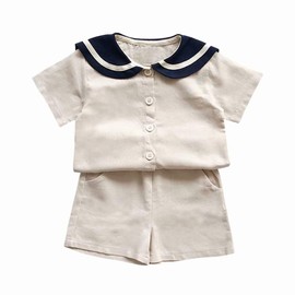 [POBIDOBY] ベビー服 子供服 セーラー服 Tシャツ＋ハーフパンツ 2点セット リネン 半袖前開き かわいい トップス 半ズボン 男の子 女の子 キッズ 普段着 Beige 130