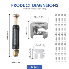 20 Sets 3-in-1 Cam Lock Connector Kit, Eccentric Furniture Fasteners with Pre-Inserted Nuts for Cabinet Wardrobe Table Assembly (Hidden Design)