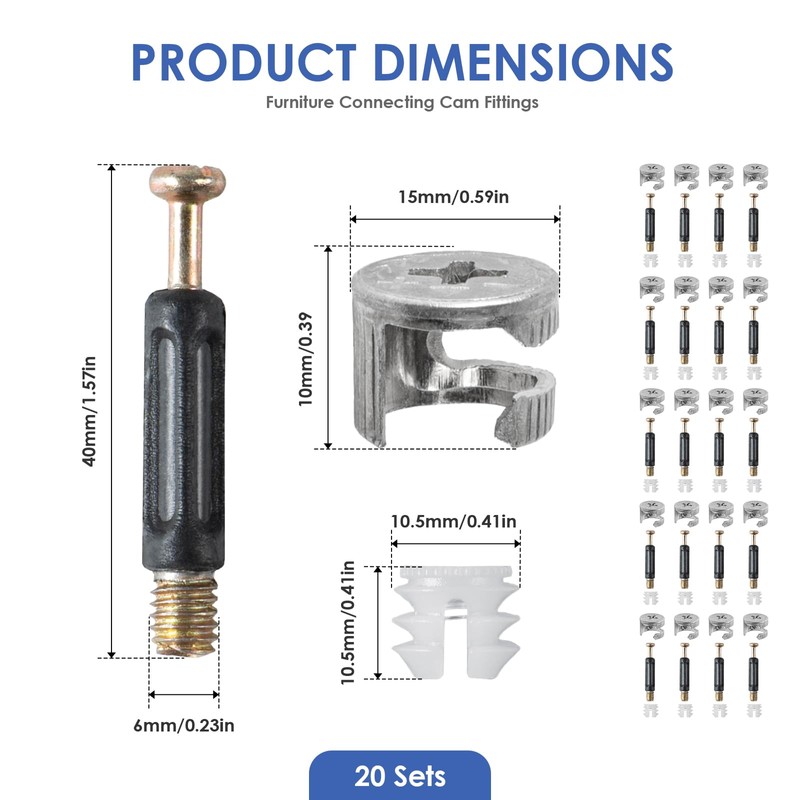 20 Sets 3-in-1 Cam Lock Connector Kit, Eccentric Furniture Fasteners