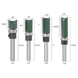 Bestgle 4pcs 1/4” Shank Top Bearing Flush Trim Pattern Router Bits Set Double Straight Template Woodworking Milling Cutter Tools