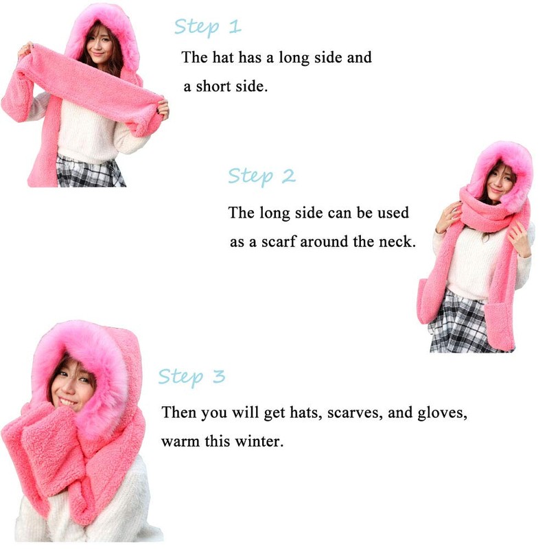 Winter Warm Women Hoodie Hat/Scarf/Gloves Set Soft Plush Thick Warm