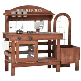 Outdoor Mud Kitchen for Kids, Wooden Play Kitchen with Plant Growing Box, Observation Room, Sink, Faucet for Backyard Garden