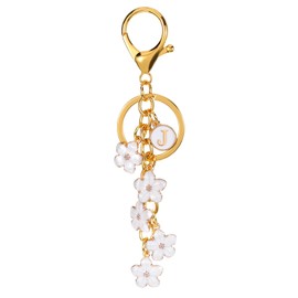 [PATIKIL] Initial Letter Flower Key Chain Alphabet J Enamel Charm Flower Key Ring Keyring Keys Holder Bag Handbag Backpack Purse Accessories Birthday Valentine's Day Christmas White