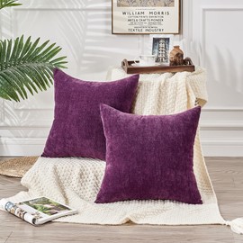 GAWAMAY Decorative Square 16x16 Inch Throw Pillow Covers Set of 2, Super Soft Chenille Pillows Farmhouse Fall Pillowcase for Living Room Bedroom Sofa Couch Cushion Cover Purple 40x40cm (No Insert)