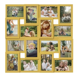 J.M.Deco Collage Picture Frames for Wall 16 Opening, Large Photo Frame Collage Wall Hanging for 4x6 Photo, Reunion Friends Family Memory, Christmas Gift - Golden