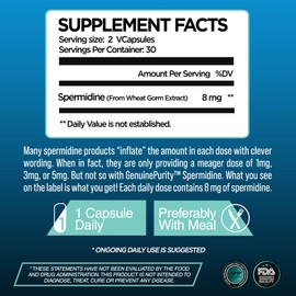 GenuinePurity Liposomal Spermidine 8mg | Spermidine-Rich Wheat Germ Extract | for Women & Men to Promote Cellular Renewal for Healthy Aging | Gluten Free, Vegan, USA Made, Non-GMO | 60 Capsules