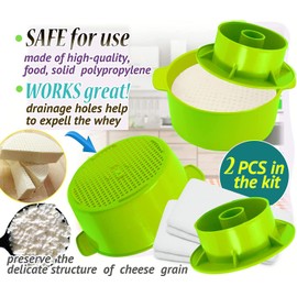 2 moldes de queso para hacer queso con pistón seguidor de color verde, suministros para hacer queso, molde de forma de queso, paño de algodón para colar, molde para queso casero