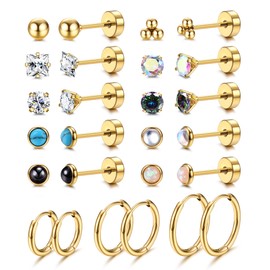 Jstyle Surgical Steel Earrings for Sensitive Ears hypoallergenic 20G Stud Hoop Earrings Set for Women Men Small Opal Ball CZ Surgical Steel Flat Back Cartilage Earrings Hoop Stud- Gold Tone