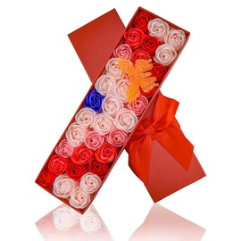 JIALEEY 33 PCS Floral Scented Bath Soap Rose Flower Petals, Plant Essential Oil Rose Soap Set Gifts Ideas for Her Women Girls Mom Valentine's Day, Red Gift Box