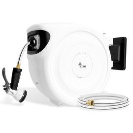 YESTAR Retractable Garden Hose Reel 1/2 Inch x 130 ft, Any Length Lock Wall Mounted &180 Deg Swivel, with 7 Pattern Nozzle and 2M Connection Hose