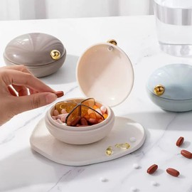 Awleynz Cute Pill Holder for Purse, Daily Pill Organizer 4 Times a Day, Pill Travel Case, Portable Round Daily Pill Case Dispenser Organizer Containers (Beige)