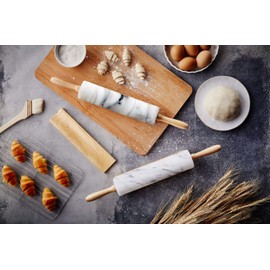 JEmarble Rolling Pin-Wooden Handles(White)(Premium Quality) Polished Surface 18-inch(10"Barrel) Genuine Stone Non-stick Save Effort Easy to Clean