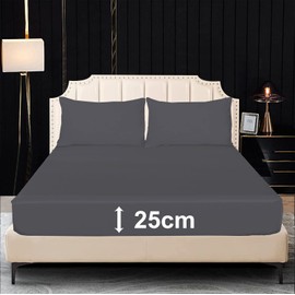 Deep Fitted Bed Sheet 25 cm Poly Cotton Mattress Cover, Plain Non Iron Deep Pocket Elasticated Bedding Sets for Girls Boys Kids Beds Protector Fitted Sheet (Charcoal, Super King)