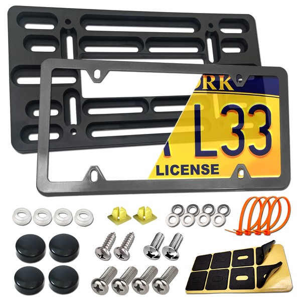 Aootf Front License Plate Mounting Kit- License Plate Bracket & Black Aluminum Car Tag Holder Cover Fit No Drilling Hole Front Bumper, Universal Adapter for US Vehicle Trailer Truck, with Screws Caps