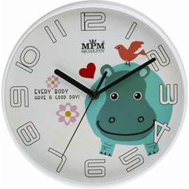 MPM Kids Plastic Wall Clock Hippo White Colorful Wall Decor Good for Nursery Quartz Stepper Motor Boys Girls