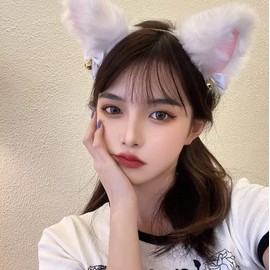 Cosplay Girl fluffy cat ear headdress accessories with collar set, fluffy ears with bells and bows, available in black and white (White)
