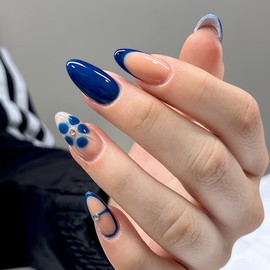 24pcs Summer Flower Press on Nails Blue French Medium Almond Fake Nails with Mini Flat Rhinestones Full Cover Acrylic Nails Reusable for Women Floral Nail Art Supplies