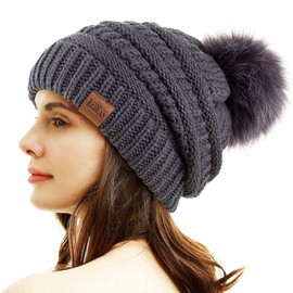 REDESS Women Winter Pom Pom Beanie Hat with Warm Fleece Lined, Gray