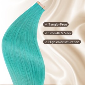 HOTBANANA Tape in Hair Extensions, 16 Inch 10pcs 25g Teal Green Tape in Real Remy Human Hair Extensions Straight Colored