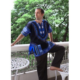 RaanPahMuang - Camisa unisex de algodón Dashiki africano brillante, variedad de colores, negro, azul (Black Dark Blue), X-Large