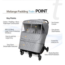 Manito Melange Padded Weather Shield for Twin/Double Strollers, Insulated, Water-Repellent, Thermal Protection for Rain, Snow, Wind & Cold, Fall & Winter (Black)