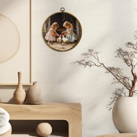 CUANFDDSF Vintage Farmhouse Girl and Chickens Round Wall Art, Rustic Cottagecore Kitchen Framed Hanging Wall Decor, Country Animal Scene Canvas Prints Decorations for Farm House Room, 10x10 Inch