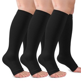 ACTINPUT 3 Pairs of Compression Stockings for Men and Women, Compression Socks Open Toe Graduated Support Stockings for Flight, Running, Sports, Travel, Cycling, B01 - Black