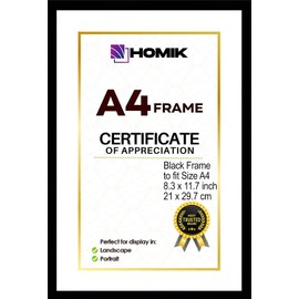 HOMIK A4 Picture Frames | A4 Frame with Acrylic Safety Glass A4 Photo Frame with Mount - Home Décor Photo Frame | Ideal For Gifting and Wall Hanging
