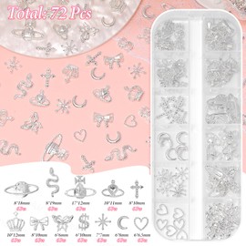 96 Pcs Dangling Silver Nail Gems Charms, 3D Alloy Heart Star Nail Gems and Charm, Planet Moon Star Dollars Bows Nail Art Charms, Dangle Silver Nail Gems and Charms for Nails DIY Y2K Supplies