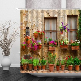 Italian Shower Curtain Greece Scene European Window Garden Christmas Italy Village Tuscany Farm Style Vintage Street Old Street Green Plants Mediterranean Bathroom Polyester Fabric Hooks 70X70 Inch