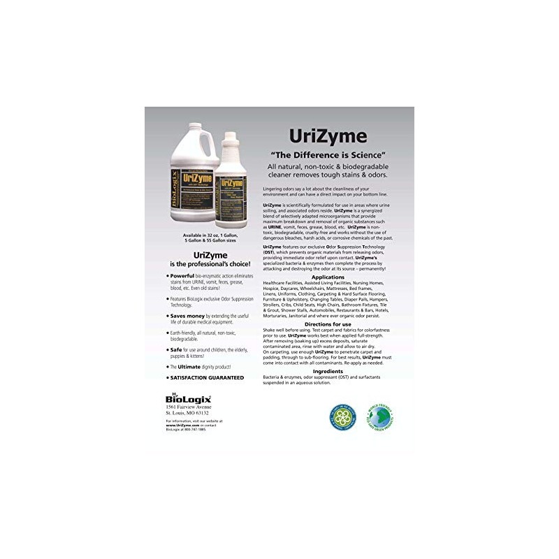 BioLogix UriZyme Multi-Purpose Probiotic Urine Odor Stain Eliminator (4X1 Gallon
