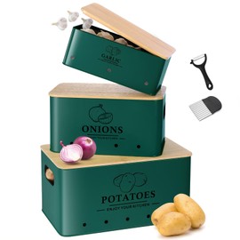 Dekosilave Kitchen Vegetable Storage Set of 3, Metal Onion Garlic Potato Storage Set, Kitchen Canisters Vegetable Keeper Containers with Aerating Holes and Wooden Lid (Alpine Green)