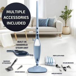 OVENTE 10-in-1 Steam Mop with Detachable Handheld Steamer, Foldable Handle and 400ml Removable Water Tank, MultiPurpose Home Cleaner for Tile Grout, Hardwood Floors, Carpet and Furniture, Blue ST505BL