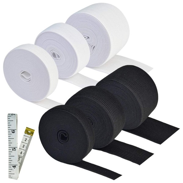 Topbuti 6 Rolls Sewing Stretch Elastic Band Spool 3/5 Inch 1 Inch 1.5 Inch Wide Black White Knit Stretch Cord Elastic Band Roll for Sewing 5.5 Yard/Roll