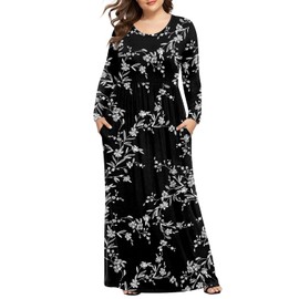 LONGYUAN Womens Maxi Long Sleeve Casual Dresses Plus Size Loose Comfy Elastic Dress with Pockets Black Fl 2XL