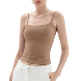 PUMIEY Women's Square Neck Tank Top Adjustable Spaghetti Straps Sleeveless Basic Tops Sharp Collection tankair tanktop Womenswear Tube Minimalist Comfort Short Lady Underwear Casual Slim:_Taffy_L