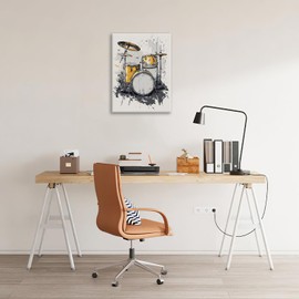 Olivine Music Wall Art, Drum Set Pictures Wall Decor, Black And Gold Painting, Jazz Canvas Prints, Framed Artwork for Music Studio Bathroom Bedroom Living Room Office Home Decoration 16"x12"