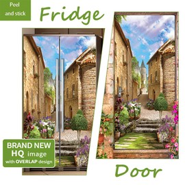 Vintage Art Self Stick Vinyl Door Mural Sticker, Peel and Stick Removable Refrigerator Wrap Decal, Old Town, 32.3x78.7, 2 Pcs Set