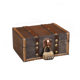 Vintage Wooden Treasure Chest 15 x 7.5 x 12 cm Treasure Chest with Combination Lock, Wooden Storage Treasure Chest with Lid, Vintage Wood Look Wooden Chest Pirate Chest for Storage and Decorating