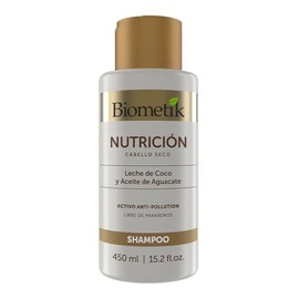 Biometik Nutrición, Shampoo para Cabello Seco y Opaco, Mayor Elasticidad y Brillo Intenso, con Leche de Coco y Aceite de Aguacate, 450 ml